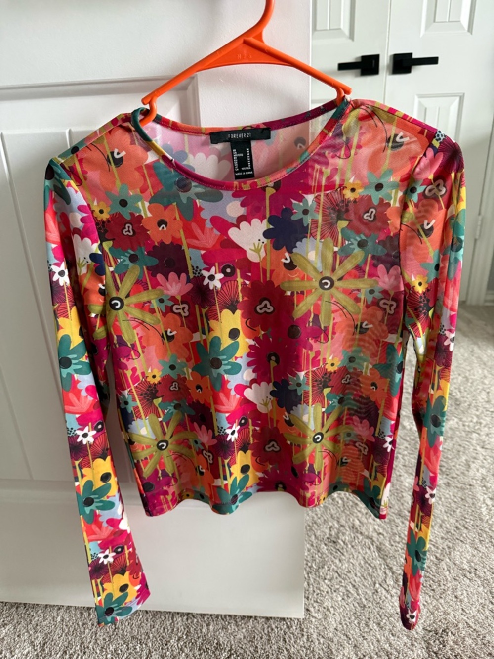 Forever 21 Floral Mesh Long-Sleeve Top - Pink, Orange, Green, Yellow